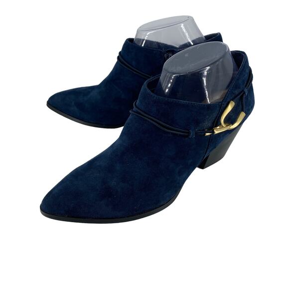 Blue Suede Bootie 8.5 M BELLA VITA Gold Accent Heel Ankle Boot Shootie Western - Picture 12 of 16